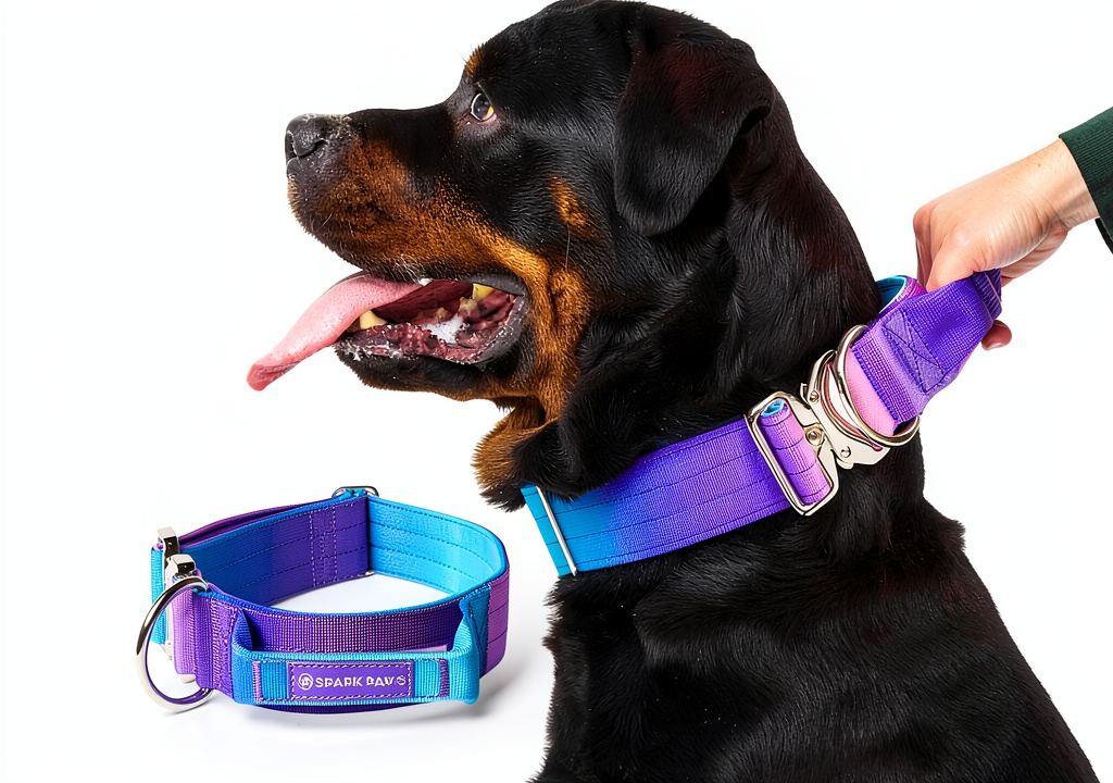'Spark Paws Tactical Dog Collar on a large dog during a walk'