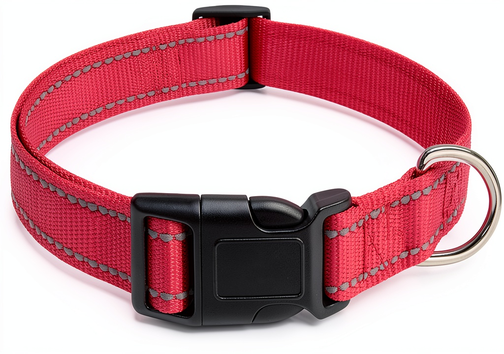 Dog wearing Boomiboo reflective nylon collar during an evening walk